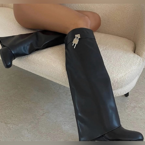 NEW IN BOX Black Fold Over Wedge Heel Wide Calf Pull On Knee High Boots Size 10 - Picture 7 of 16